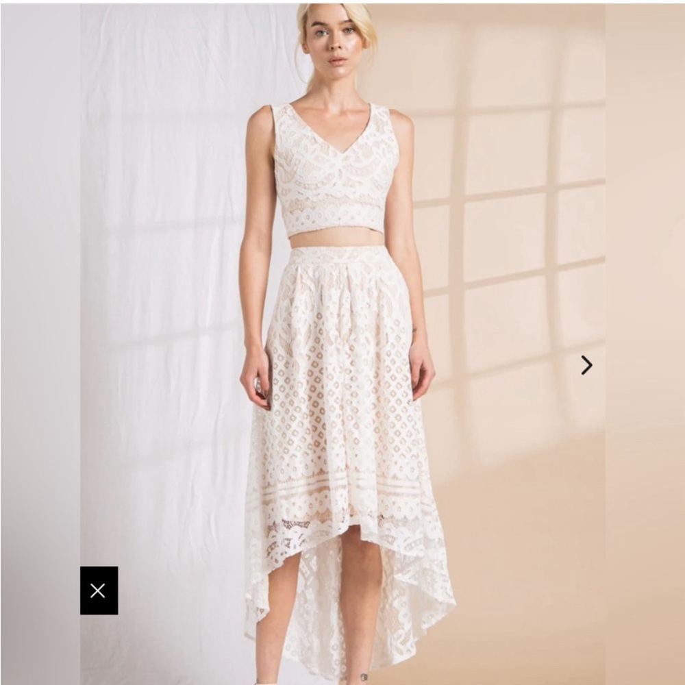 Lena Beige and White Hi Low Skirt and Top Set